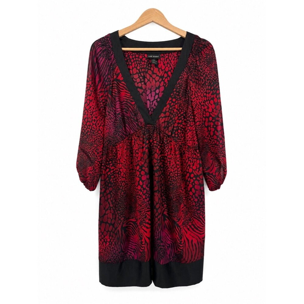 Lane Bryant Red Black Animal Print V-Neck Dress Size 14/16 Satin